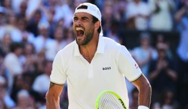 Matteo Berrettini of Italy celebrates winning the second round men's singles match against Arthur Fils of France at the Wimbledon Tennis Cha