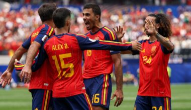 Spain's players celebrate Mikel Oyarzabal's opener against Austria at the World Cup