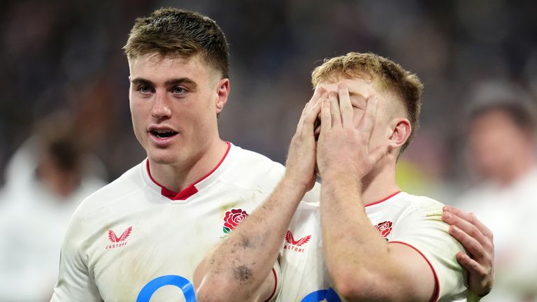 England's Tommy Freeman and Fin Smith appear dejected following during the Guinness Men's Six Nations match at the Stade de France in Paris,