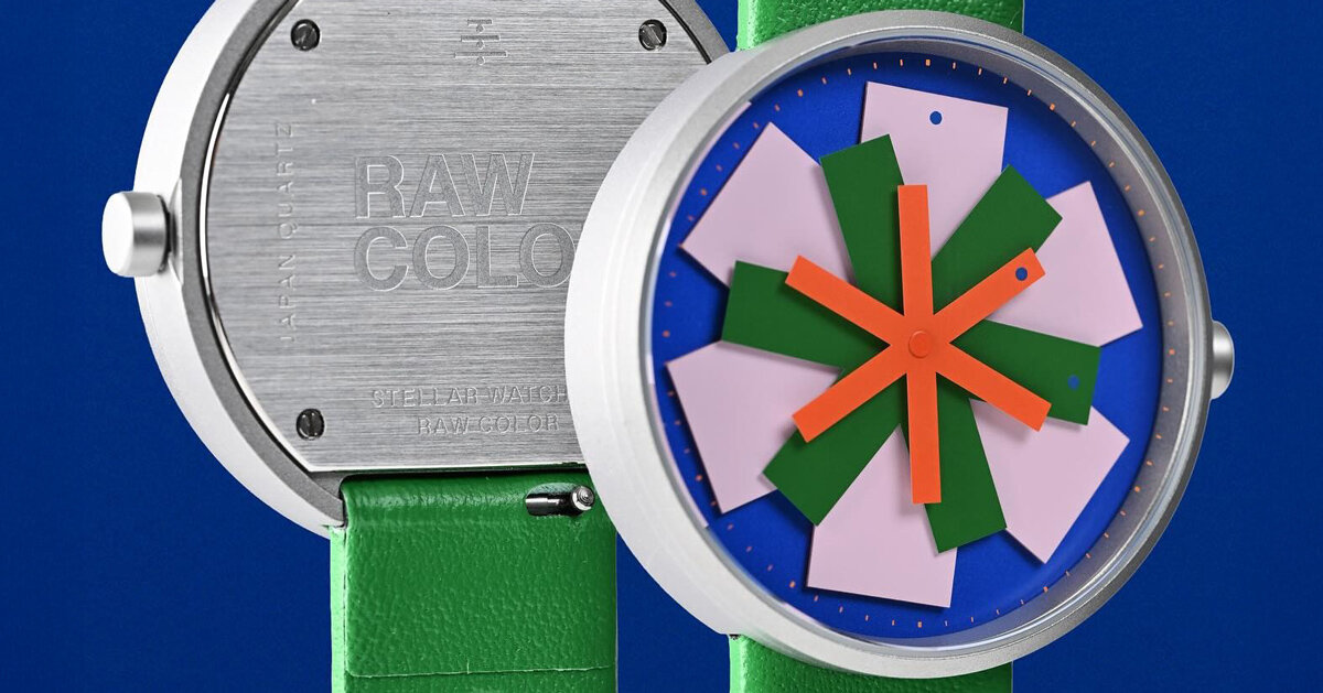 kinetic watch dial reimagines timekeeping through layered colored hands