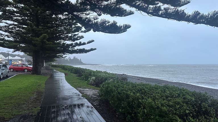 The beachfront at Kaikōura as a deluge bears down on the North Canterbury town.
