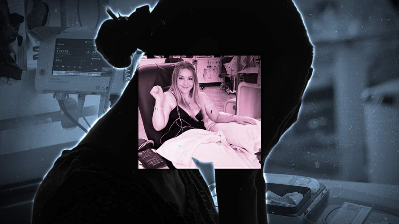 A cut out of a woman with her head in her hands. In the centre of her is a photo of a woman in a hospital bed.