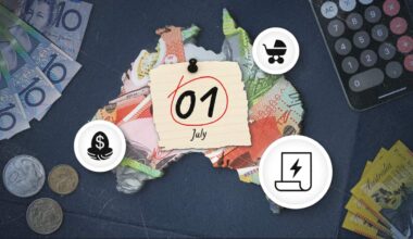 Graphic art showing a map of Australia with the date 01 July pinned to it as a note, as well as icons of a pram, dollar sign and electricity signal. There are cash and coins and a calculator next to it