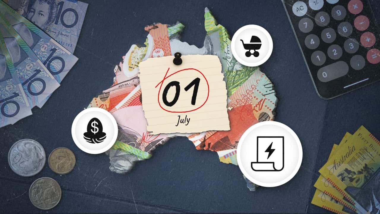 Graphic art showing a map of Australia with the date 01 July pinned to it as a note, as well as icons of a pram, dollar sign and electricity signal. There are cash and coins and a calculator next to it