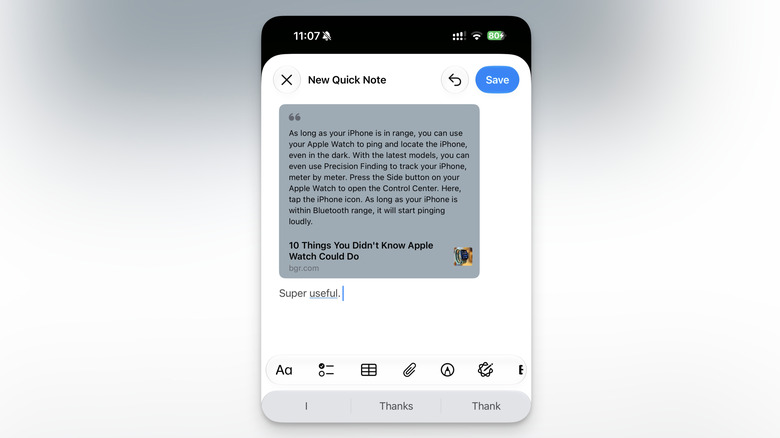 Adding a Quick Note on iPhone with link, highlighted text, and comment.