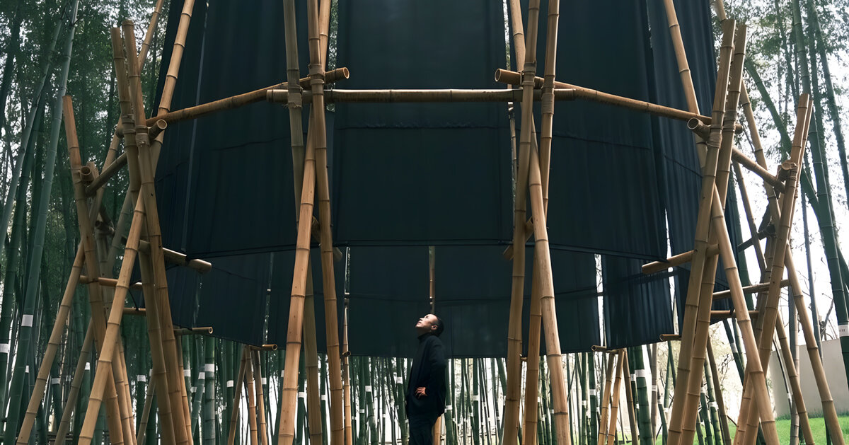 a black fabric veil hovers within a raw bamboo matrix in hubei's dense grove