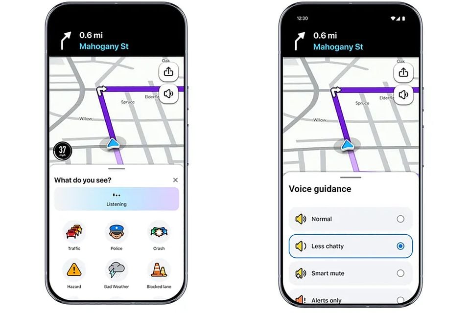 Two smartphones side by side showing the Waze navigation app, with screens displaying a report feature and voice guidance settings