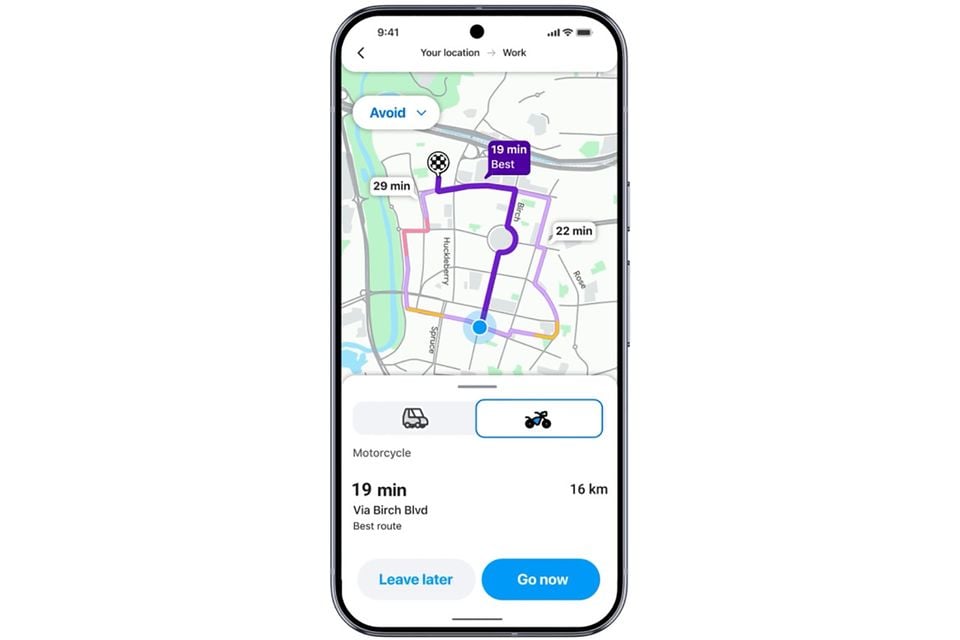 A smartphone displaying the Waze navigation app with motorcycle mode selected, showing a 19-minute best route via Birch Blvd across 16 km