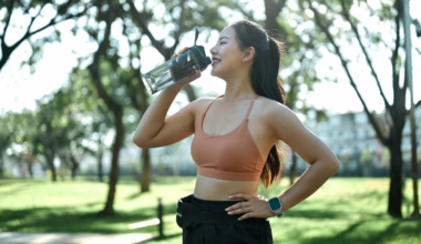 woman in sports bra and leggings outside in front of grass and trees drinking water out of water bottle, when to drink on runs
