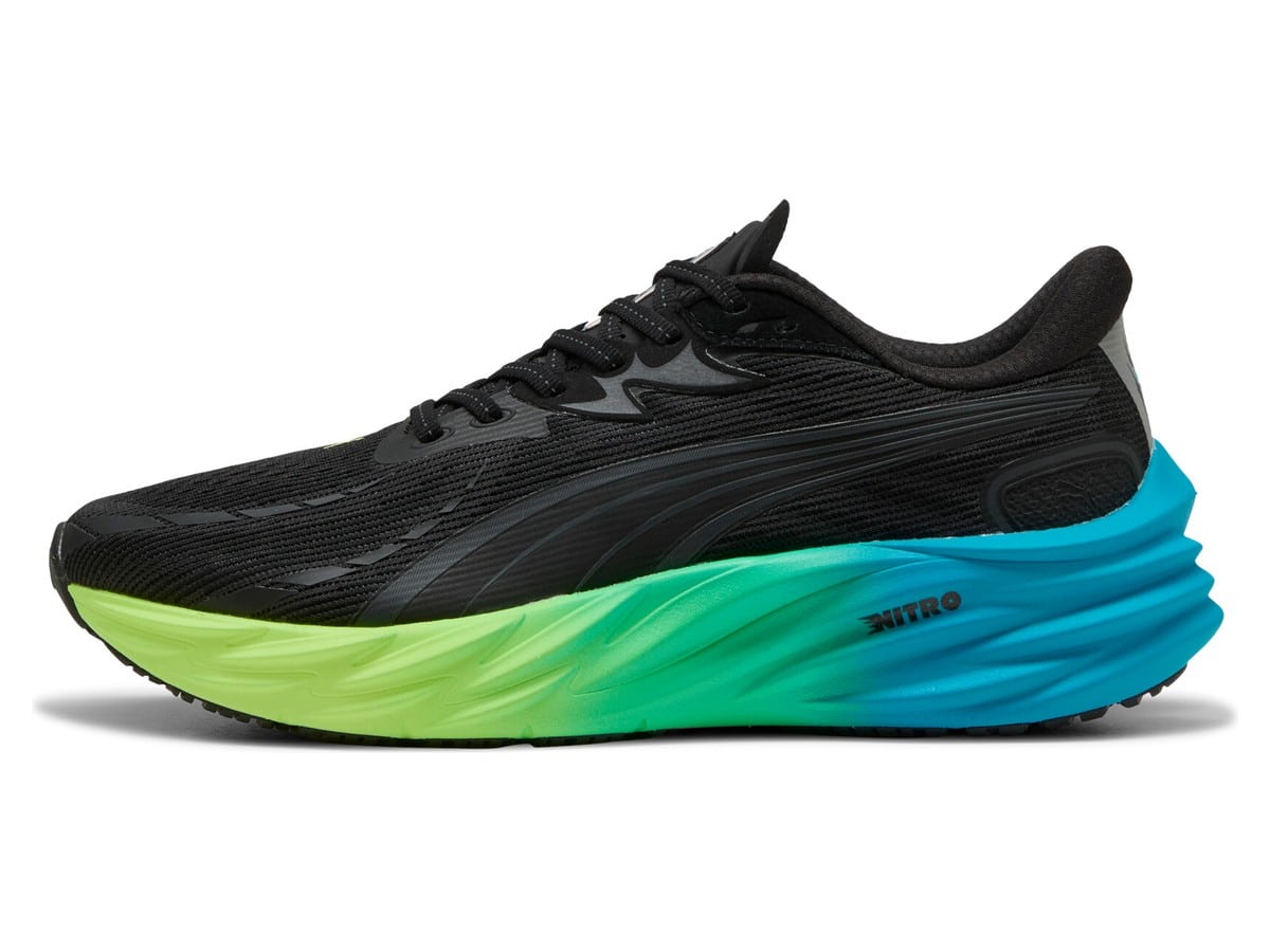 PUMA Velocity NITRO 4 in black with green and blue midsole