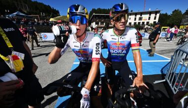 LES ANGLES, FRANCE - JULY 06: (L-R) Florian Lipowitz of Germany and Remco Evenepoel of Belgium and Team Red Bull - BORA - hansgrohe react after 113th Tour de France 2026, Stage 3 a 195.9km stage from Granollers to Les Angles 1801m / #UCIWT / on July 06, 2026 in Les Angles, France. (Photo by Tim de Waele/Getty Images)