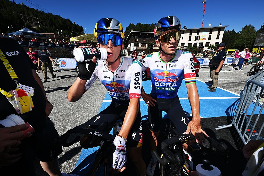 LES ANGLES, FRANCE - JULY 06: (L-R) Florian Lipowitz of Germany and Remco Evenepoel of Belgium and Team Red Bull - BORA - hansgrohe react after 113th Tour de France 2026, Stage 3 a 195.9km stage from Granollers to Les Angles 1801m / #UCIWT / on July 06, 2026 in Les Angles, France. (Photo by Tim de Waele/Getty Images)