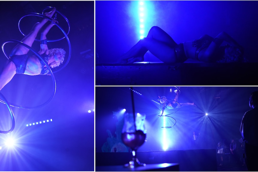 Composite image of an acrobatic woman performing on an aparatus suspended from the ceiling of a darkened room