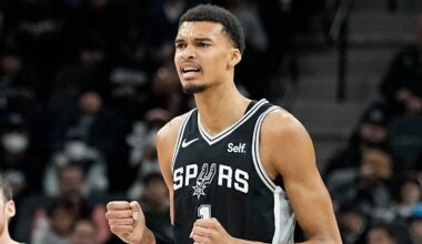 Jan 4, 2024; San Antonio, Texas, USA; San Antonio Spurs forward Victor Wembanyama (1) reacts during the first half against the Milwaukee Bucks at Frost Bank Center. Mandatory Credit: Scott Wachter-USA TODAY Sports
