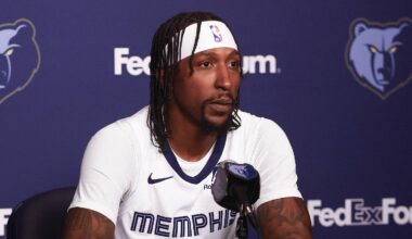 Memphis Grizzlies forward Kentavious Caldwell-Pope speaks to media during a press conference on media day at FedEx Forum.  Mandatory Credit: Petre Thomas-Imagn Images