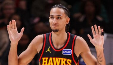 Atlanta Hawks forward Zaccharie Risacher (10) reacts after fouling Miami Heat guard Pelle Larsson (9) in the third quarter at State Farm Arena on February 20, 2026.