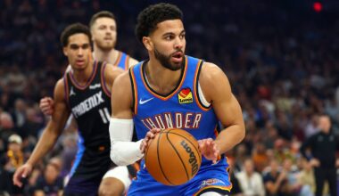 Apr 27, 2026; Phoenix, Arizona, USA; Oklahoma City Thunder guard Ajay Mitchell (25) against the Phoenix Suns during game four of the first round of the 2026 NBA Playoffs at Mortgage Matchup Center. Mandatory Credit: Mark J. Rebilas-Imagn Images