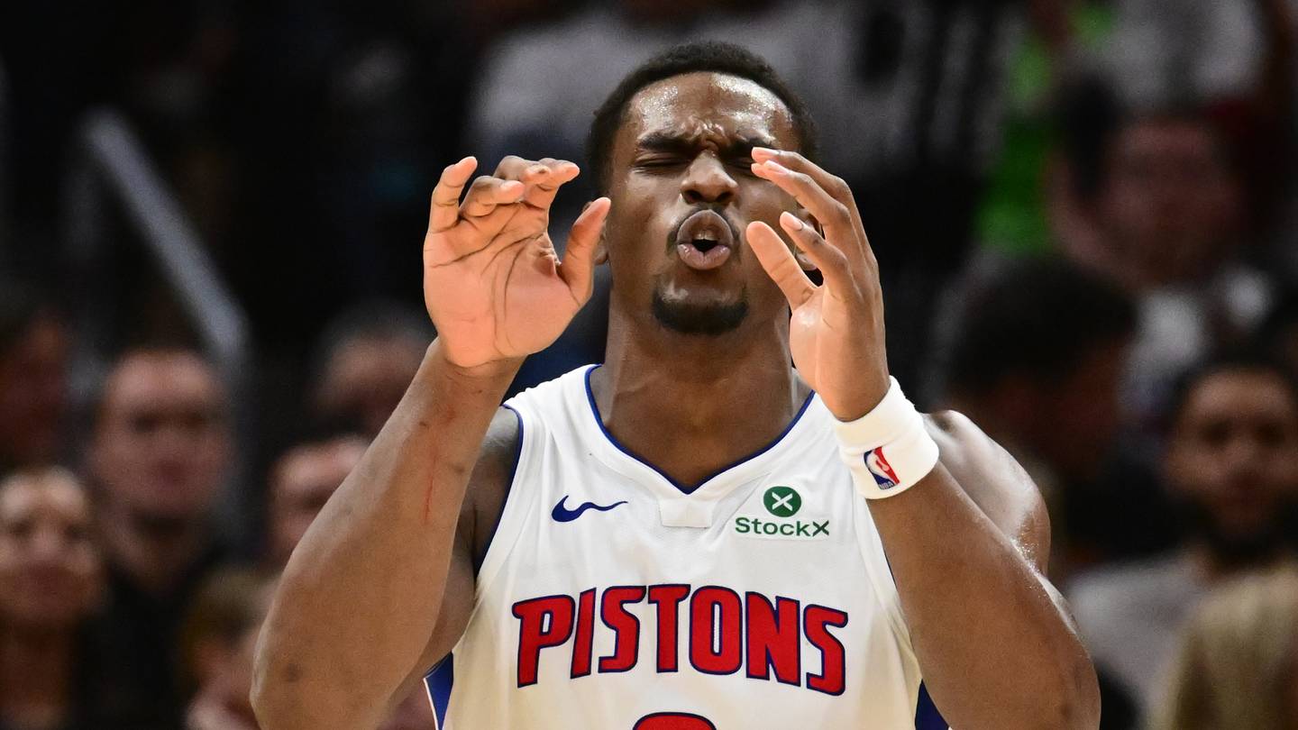 May 11, 2026; Cleveland, Ohio, USA; Detroit Pistons center Jalen Duren (0) reacts after a play against the Cleveland Cavaliers during the second half of game four in the second round of the 2026 NBA Playoffs at Rocket Arena. Mandatory Credit: Ken Blaze-Imagn Images