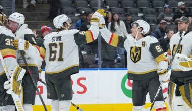 Jan 23, 2026; Toronto, Ontario, CAN; Vegas Golden Knights right wing Mitch Marner (93) celebrates the win against the Toronto Maple Leafs with right wing Mark Stone (61) at the end of the third period at Scotiabank Arena. Mandatory Credit: Nick Turchiaro-Imagn Images