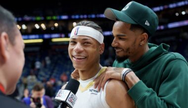 Feb 9, 2026; New Orleans, Louisiana, USA; New Orleans Pelicans guard Dejounte Murray hugs New Orleans Pelicans guard Jeremiah Fears (0) after the game against the Sacramento Kings at Smoothie King Center. Mandatory Credit: Matthew Hinton-Imagn Images