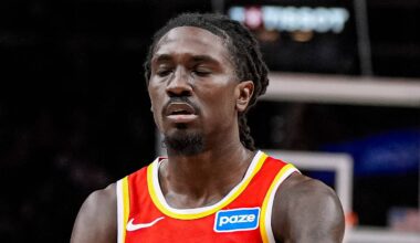 Atlanta Hawks guard Keaton Wallace (2) reacts against the Los Angeles Lakers on November 8, 2025.