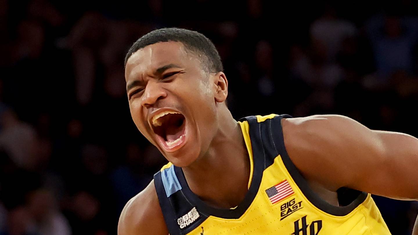 Marquette Golden Eagles guard Kam Jones (1) reacts after defeating the Connecticut Huskies at Madison Square Garden on March 10, 2023.