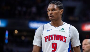 Apr 12, 2026; Indianapolis, Indiana, USA;  Detroit Pistons guard Ausar Thompson (9) in the second half against the Indiana Pacers at Gainbridge Fieldhouse. Mandatory Credit: Trevor Ruszkowski-Imagn Images