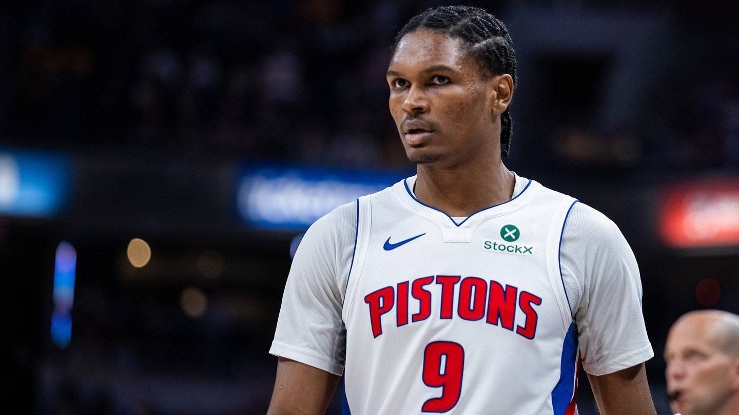 Apr 12, 2026; Indianapolis, Indiana, USA;  Detroit Pistons guard Ausar Thompson (9) in the second half against the Indiana Pacers at Gainbridge Fieldhouse. Mandatory Credit: Trevor Ruszkowski-Imagn Images
