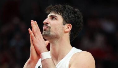 Mar 10, 2026; Portland, Oregon, USA;  Portland Trail Blazers forward Deni Avdija (8) reacts to gameplay against the Charlotte Hornets during the second half at Moda Center. Mandatory Credit: Jaime Valdez-Imagn Images