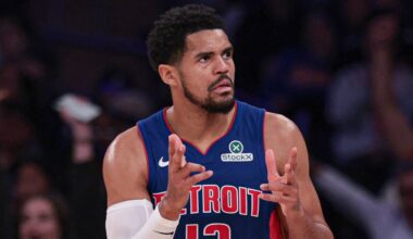 Feb 19, 2026; New York, New York, USA; Detroit Pistons forward Tobias Harris (12) reacts after a basket against the New York Knicks during the first half at Madison Square Garden. Mandatory Credit: Vincent Carchietta-Imagn Images