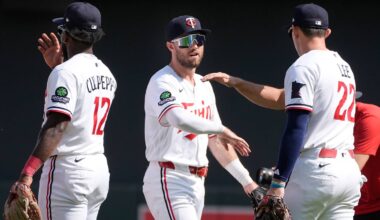 Aug 19, 2026; Minneapolis, Minnesota, USA; Minnesota Twins second baseman Kody Clemens (2) celebrates the win over the Atlanta Braves after game at Target Field. Mandatory Credit: Bruce Kluckhohn-Imagn Images