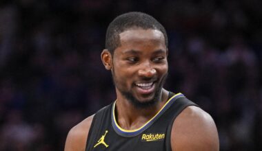 Nov 5, 2025; Sacramento, California, USA; Golden State Warriors forward Jonathan Kuminga (1) reacts after being called for a foul against the Sacramento Kings during the fourth quarter at Golden 1 Center. Mandatory Credit: Ed Szczepanski-Imagn Images