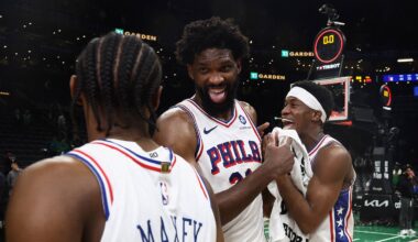 Philadelphia 76ers center Joel Embiid (21) celebrates with guard Tyrese Maxey (0) and guard Vj Edgecombe (77)] following their win over the Boston Celtics in game seven of the first round of the 2026 NBA Playoffs at TD Garden.