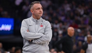 Jan 21, 2026; Sacramento, California, USA; Toronto Raptors Head Coach Darko Rajakovic looks on during the second quarter of the game against the Sacramento Kings at Golden 1 Center. Mandatory Credit: Ed Szczepanski-Imagn Images