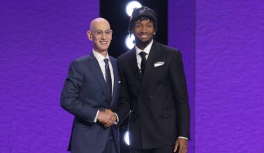 Jun 23, 2026; New York, NY, USA; NBA commissioner Adam Silver greets the second pick in the 2026 NBA draft, Kansas guard Darryn Peterson after he was selected by the Utah Jazz at Barclays Center. Mandatory Credit: Brad Penner-Imagn Images