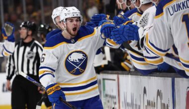 May 1, 2026; Boston, Massachusetts, USA; Buffalo Sabres left wing Zach Benson (6) celebrates with teammates after scoring against the Boston Bruins during the third period of game six of the first round of the 2026 Stanley Cup Playoffs at TD Garden. Mandatory Credit: Winslow Townson-Imagn Images