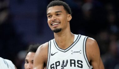 Oct 6, 2025; San Antonio, TX, USA; San Antonio Spurs forward-center Victor Wembanyama (1) reacts before a timeout during the first half against the Guangzhou Loong Lions at Frost Bank Center. Mandatory Credit: Scott Wachter-Imagn Images