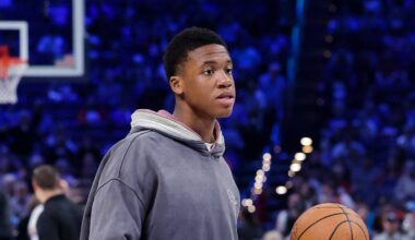 Feb 12, 2026; Oklahoma City, Oklahoma, USA; Oklahoma City Thunder center Thomas Sorber (12) warms up before the start of a game against the Milwaukee Bucks during the second half at Paycom Center. Mandatory Credit: Alonzo Adams-Imagn Images