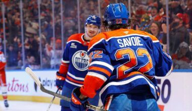 Mar 28, 2026; Edmonton, Alberta, CAN; The Edmonton Oilers celebrate a goal scored by forward Matt Savoie (22) during the third period against the Anaheim Ducks at Rogers Place. Mandatory Credit: Perry Nelson-Imagn Images