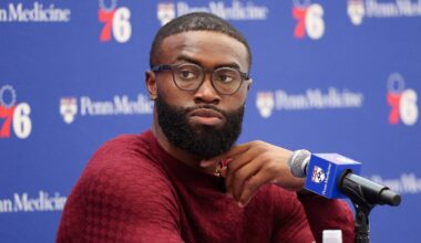 Philadelphia 76ers guard Jaylen Brown speaks with the media during his introductory press conference at the Francis J. Myers Recreation Center. Mandatory Credit: Bill Streicher-Imagn Images
