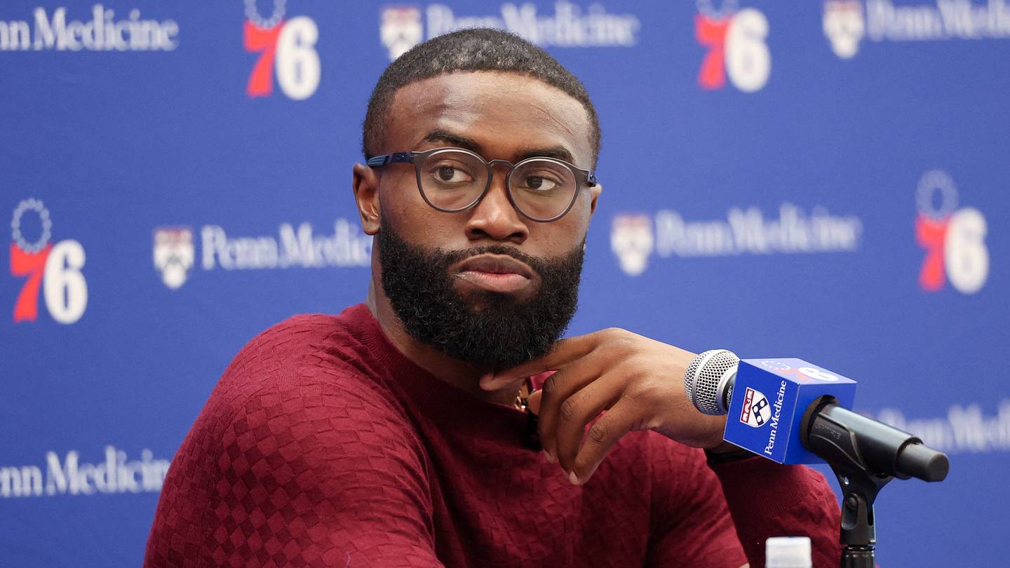 Philadelphia 76ers guard Jaylen Brown speaks with the media during his introductory press conference at the Francis J. Myers Recreation Center. Mandatory Credit: Bill Streicher-Imagn Images
