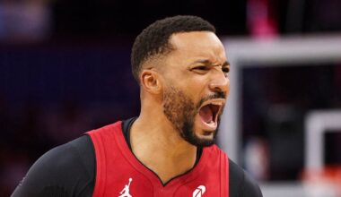 Dec 5, 2025; Orlando, Florida, USA; Miami Heat guard Norman Powell (24) reacts after a basket against the Orlando Magic in the second quarter at Kia Center. Mandatory Credit: Nathan Ray Seebeck-Imagn Images