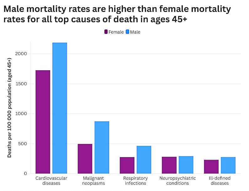 04 Male mortality rates are higher than female mortality rates for all top causes of teath in ages 45 WEB001194 Female and male deaths per 100 000 population aged 45+ from various causes. Male mortality rates are higher than female mortality rates for all these causes of deaths. Source: WHO Mortality Database 2018–2022 average.