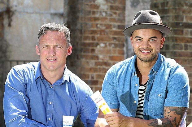 SYDNEY, AUSTRALIA - NOVEMBER 18: Solar D co-Founder Matthew Collett (R) with Director Titus Day (L) and investor Guy Sebastian and their new sunscreen on November 18, 2016 in Sydney, Australia. (Photo by Anthony Johnson/Fairfax Media)