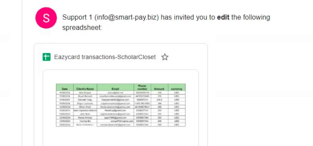 An email shows info@smart-pay.biz sharing a spreadsheet titled: "Eazycard transactions-ScholarCloset"