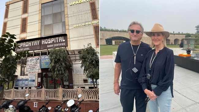Upadhyay Agra Hospital, where Richard Moore was treated after his heart attack, and Kay McGrath with Richard during their holiday in India, when his symptoms were initially thought to be ‘Delhi belly’.