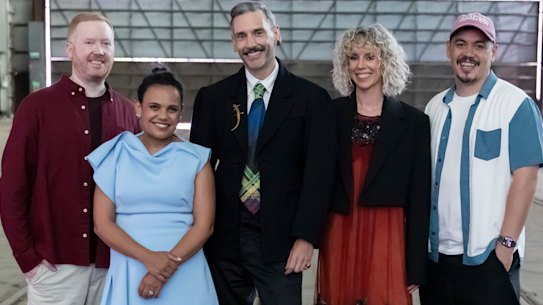 Portrait Artist of the Year hosts Luke McGregor and Miranda Tapsell, with judges Robert Wellington, Bree Pickering and Abdul Abdullah.