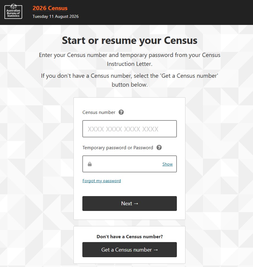 A screenshot of the 2026 Census website showing where people have to enter their Census number and password