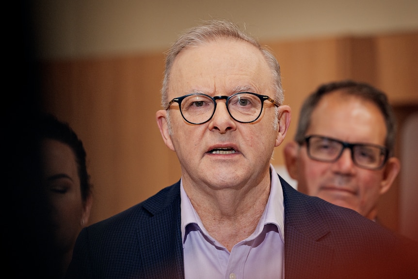A close-up shot of Australian PM Anthony Albanese looking at the camera.