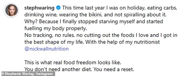 Stephanie revealed last year an insight into her healthy diet as she stopped 'starving myself' and 'spiraling' about food